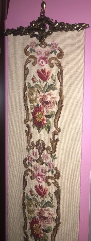 Antique Victorian PETIT POINT TAPESTRY Floral BELL PULL W Hanger ROSES 3