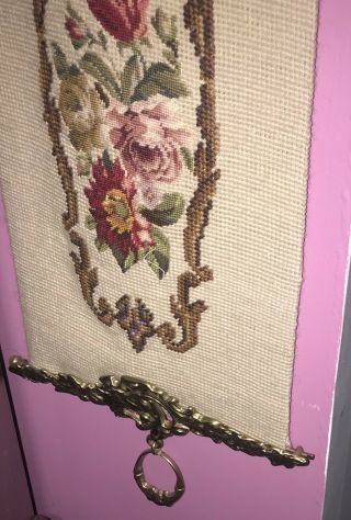 Antique Victorian PETIT POINT TAPESTRY Floral BELL PULL W Hanger ROSES 4