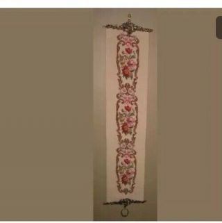 Antique Victorian PETIT POINT TAPESTRY Floral BELL PULL W Hanger ROSES 5