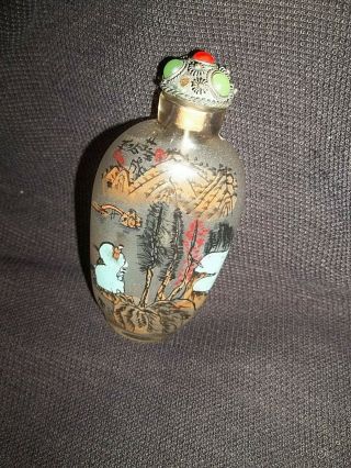 Antique Chinese Snuff Bottle Jeweled Top Inside Interior Painted