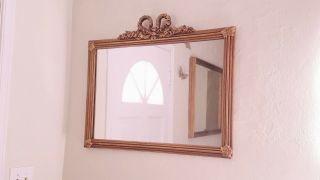 Vintage Wall Mirror Rectangle Giltwood Frame,  Carved Bow Accent,  Gilded Frame