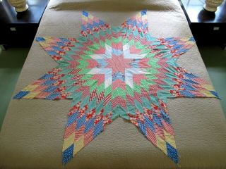 Vintage Hand Pieced Feed Sack Lone Star Unfinished Quilt Top (star Only) ;