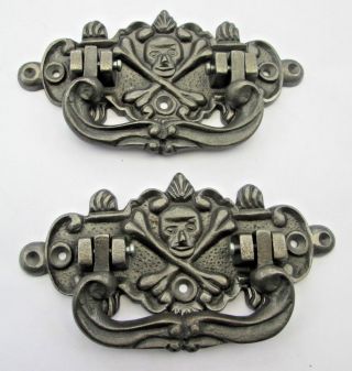 2 X Cast Iron Antique Style Coffin Chest Lifting Handles Skull &crossbones