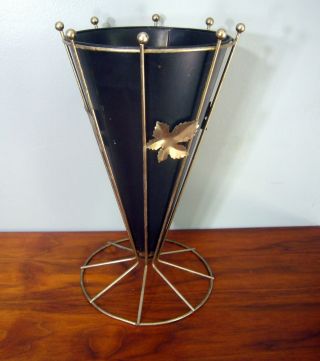 Vintage Mid Century Metal And Wire Umbrella Stand Holder Black Cone Leaf Design