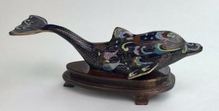 Vintage Chinese Cloisonne Dolphin Figure Brass & Enamel Fish Design W/wood Stand