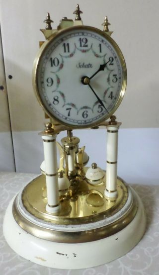 Rare German Schatz Brass Glass & Enamel 400 Day Torsion Anniversary Mantel Clock