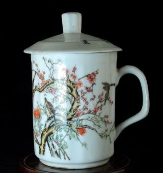 Chinese Old Hand - Made Pastel Porcelain Flowers And Birds Cup /daqing Mark B01