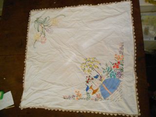 Vintage Tablecloth Bird Cotton Linen Crinoline Lady Daffodil Embroidery Laburnam