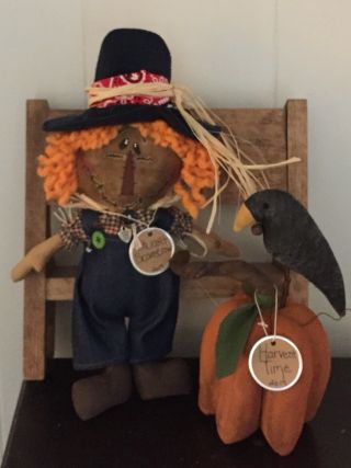 Primitive Folk Art Raggedy Ann Doll Stuart Scarecrow 3d Pumpkin Crow