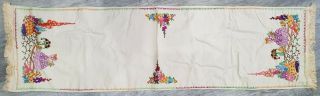 Vintage Table Runner Hand Embroidered Linen Cloth Flowers Crinoline Lady Garden