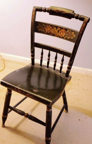 Signed Colonial L.  Hitchcock Side Chair Plank Bottom Stenciled Flowers