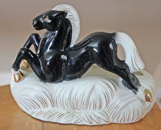 Vintage 40s Mid Century Modern Stylized Ceramic Running Black Horse Planter