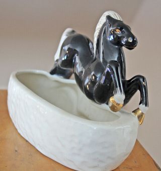 Vintage 40s Mid Century Modern Stylized Ceramic Running Black Horse Planter 2