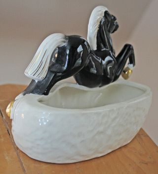 Vintage 40s Mid Century Modern Stylized Ceramic Running Black Horse Planter 3
