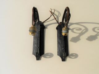 Pair French Antique Wrought Iron Wall Light Sconces Gothic Art Deco Circa 1920
