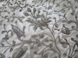 Antique Georgian Or Victorian Silver Thread Embroidery On Silk Panel