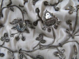 Antique Georgian or Victorian Silver Thread Embroidery on Silk Panel 6