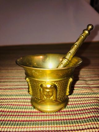 Vintage Brass 2” Mortar And Pestle 4” W/ 4 Unique Faces And Intricate Design