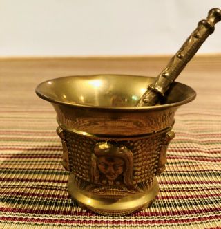 Vintage Brass 2” Mortar and Pestle 4” w/ 4 unique faces and intricate design 2