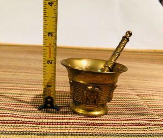 Vintage Brass 2” Mortar and Pestle 4” w/ 4 unique faces and intricate design 3
