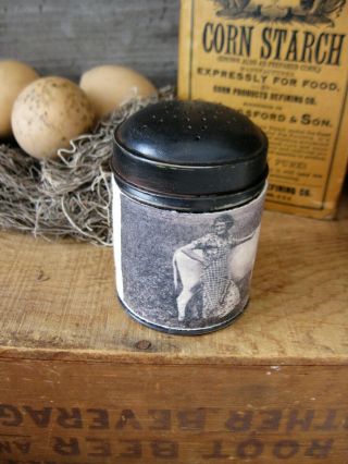 Small Early Antique Primitive Tin Shaker w Old Photo Print Woman & Cow 3