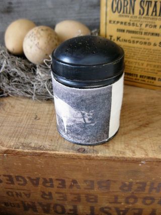 Small Early Antique Primitive Tin Shaker w Old Photo Print Woman & Cow 4