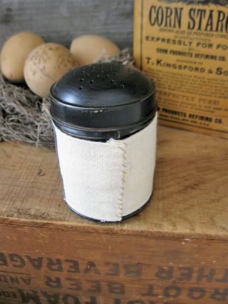 Small Early Antique Primitive Tin Shaker w Old Photo Print Woman & Cow 5