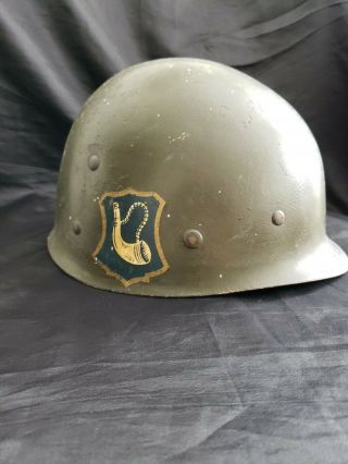 Vintage M1 Helmet Liner Wwii Korean War Era.  181st & Yankee Division Insignias