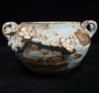 Very Old Chinese Green Glaze Flowers Carving Porcelain Brush Washer Water Pot