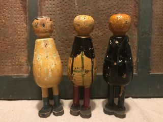 Three Old Primitive Folk Art Wooden Dolls