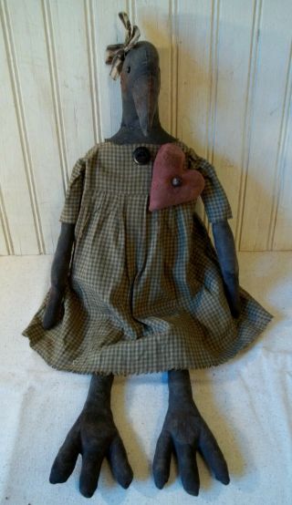 Primitive Grungy Black Lady Crow Doll With Her Heart