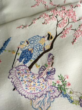 Vintage Irish Linen Hand Embroidered Tablecloth Crinoline Lady