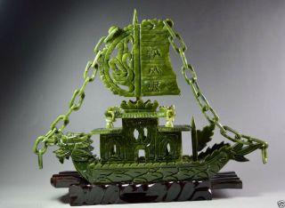 Chinese 100 Natural Jade Hand Carved Dragon Incense Statue Dragon Ship Rn