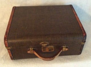 Antique Small Woven Leather Suitcase Luggage Case With Burgundy Silk Lining