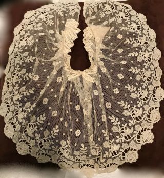 Antique Net Lace Embroidered Collar Victorian Or Edwardian Remnant