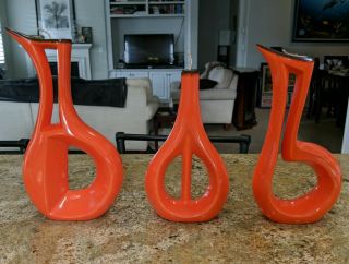 Set Of 3 Mid Century Modern Tall Ceramic Candle Stick Holders Vintage Retro