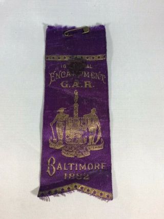 16th Annual Encampment G.  A.  R.  Baltimore 1882 Purple Ribbon