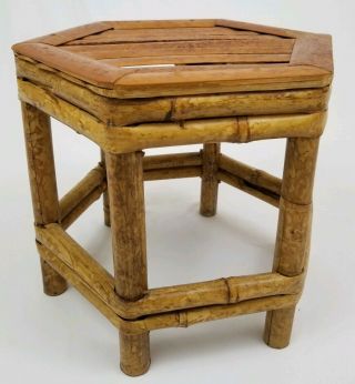 Vintage Tortoise Bamboo Rattan Plant Stand Side Table Bohemian Mid - Century
