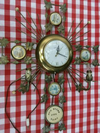 Vintage Religious Metal United Wall Clock And Sconce,  Atomic Starburst Cross