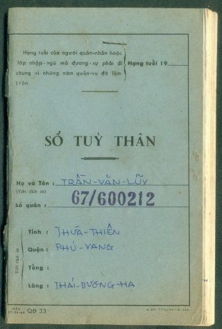 Vietnam Military Booklet SỔ TÙy ThÂn 1966 TrẦn VĂn LŨy Quân Số 67 6002