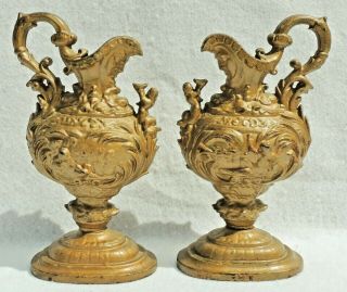Pair Antique/vtg 10 " Cast Iron Gold Metal Figural Putti Face Italian Urn Ewers