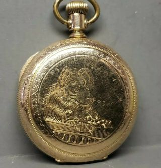 Antique 1890 Elgin Gold Pocket Watch Fancy Dog & Girl Hunter Case 6s M1