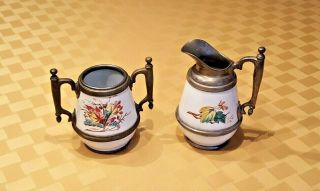 Antique Enamelware And Pewter Open Sugar And Creamer