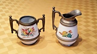 Antique Enamelware and Pewter Open Sugar and Creamer 3