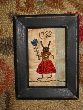 Primitive Tiny Sampler 1732 Miss Rabbit Holds A Flower Early Quilt Folk Art