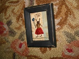 Primitive tiny Sampler 1732 Miss Rabbit Holds A Flower Early Quilt Folk Art 2