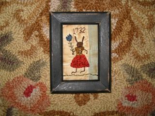 Primitive tiny Sampler 1732 Miss Rabbit Holds A Flower Early Quilt Folk Art 3