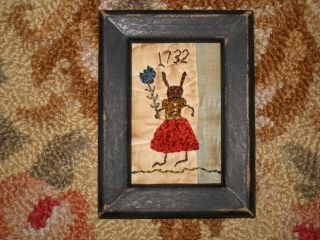 Primitive tiny Sampler 1732 Miss Rabbit Holds A Flower Early Quilt Folk Art 4