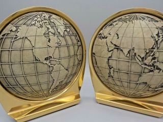 Vtg Mid Century Modern Matina World Globe Map Brass & Pewter Tone Bookends Exc