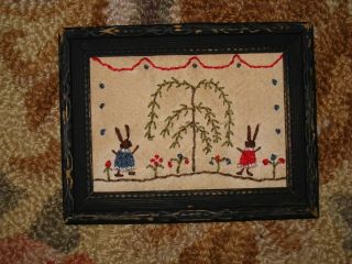 Primitive Tiny Sampler Rabbits Under The Willow Tree Simple Folk Art